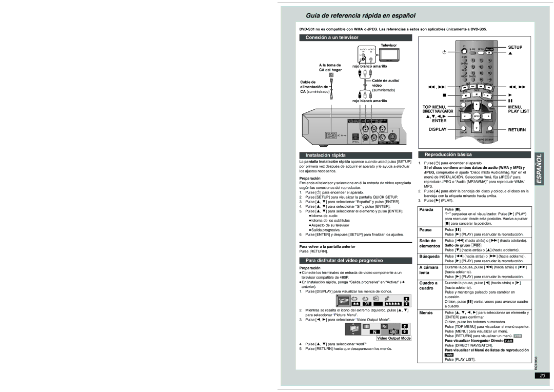 Panasonic DVD-S31 Conexión a un televisor, Instalación rápida, Para disfrutar del vídeo progresivo, Reproducción básica 
