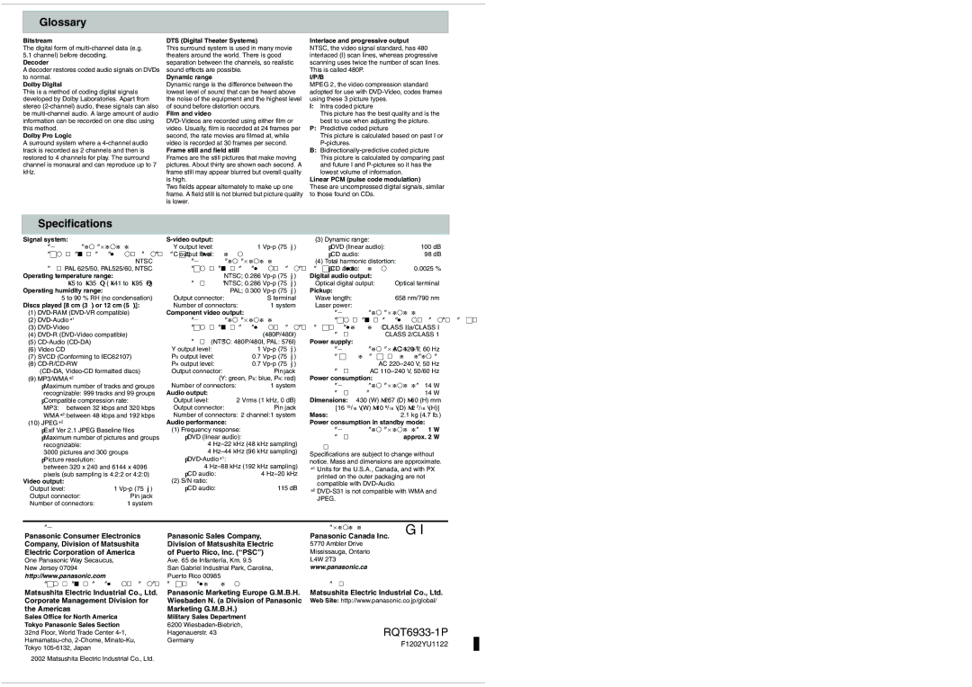 Panasonic DVD-S31 Glossary, Specifications, Electric Corporation of America Puerto Rico, Inc. PSC 