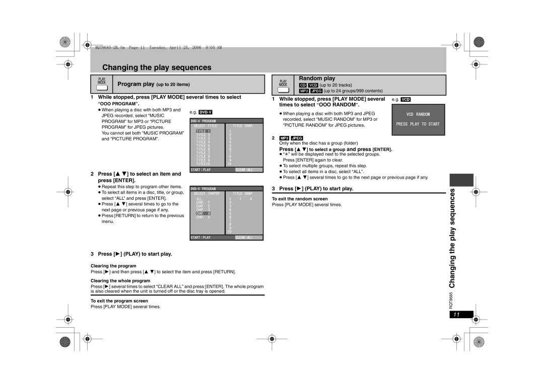 Panasonic DVD-K32, DVD-S32 specifications Changing the play sequences, Play sequences, Random play 