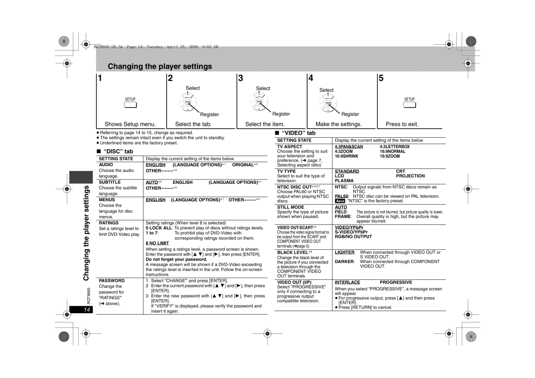 Panasonic DVD-S32, DVD-K32 specifications Changing the player settings, Video tab, Disc tab 