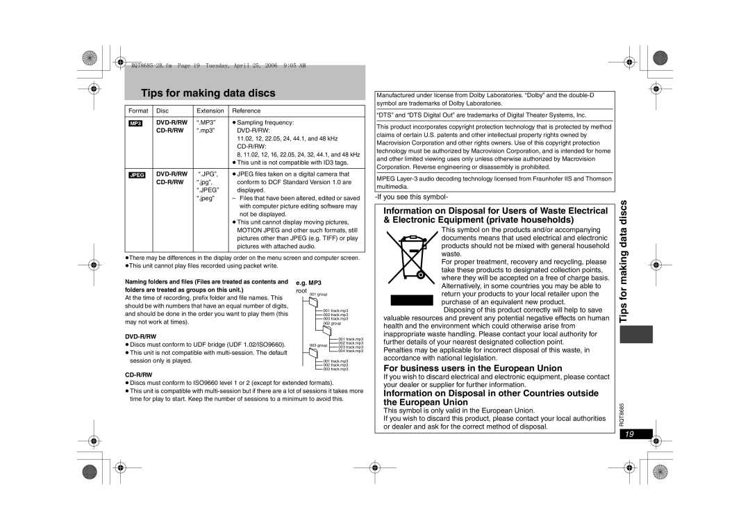 Panasonic DVD-K32, DVD-S32 specifications Tips for making data discs, Making data discs, Dvd-R/Rw, Cd-R/Rw 