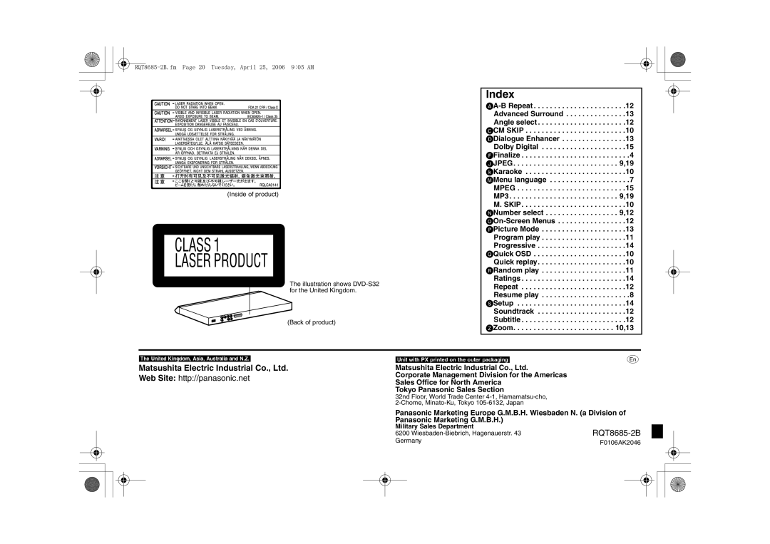 Panasonic DVD-S32, DVD-K32 specifications Index, Military Sales Department 