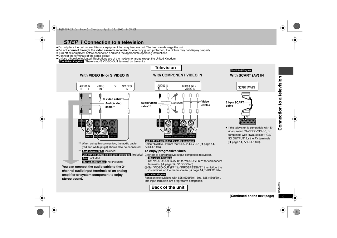 Panasonic DVD-K32, DVD-S32 specifications Television, Connection to a television Back of the unit, With Scart AV 