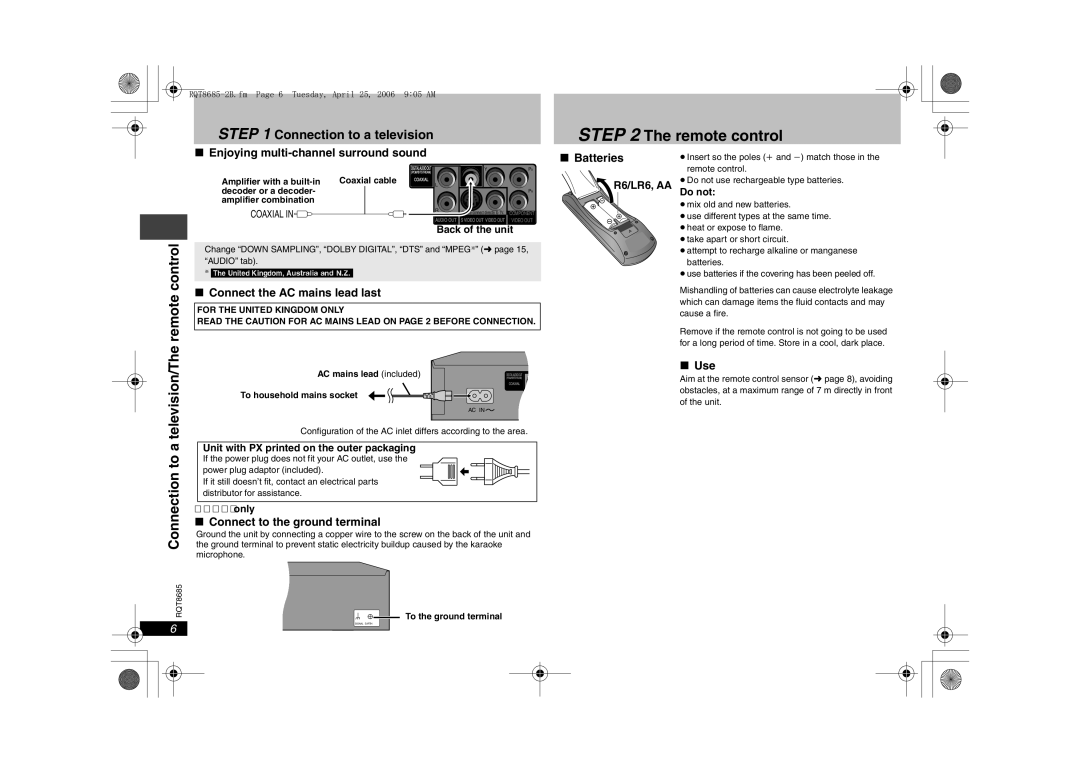 Panasonic DVD-S32, DVD-K32 specifications Remote control, Control, Television/Thea, Connection 