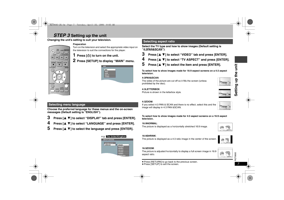 Panasonic DVD-K32, DVD-S32 specifications Setting up the unit, Changing the unit’s setting to suit your television 