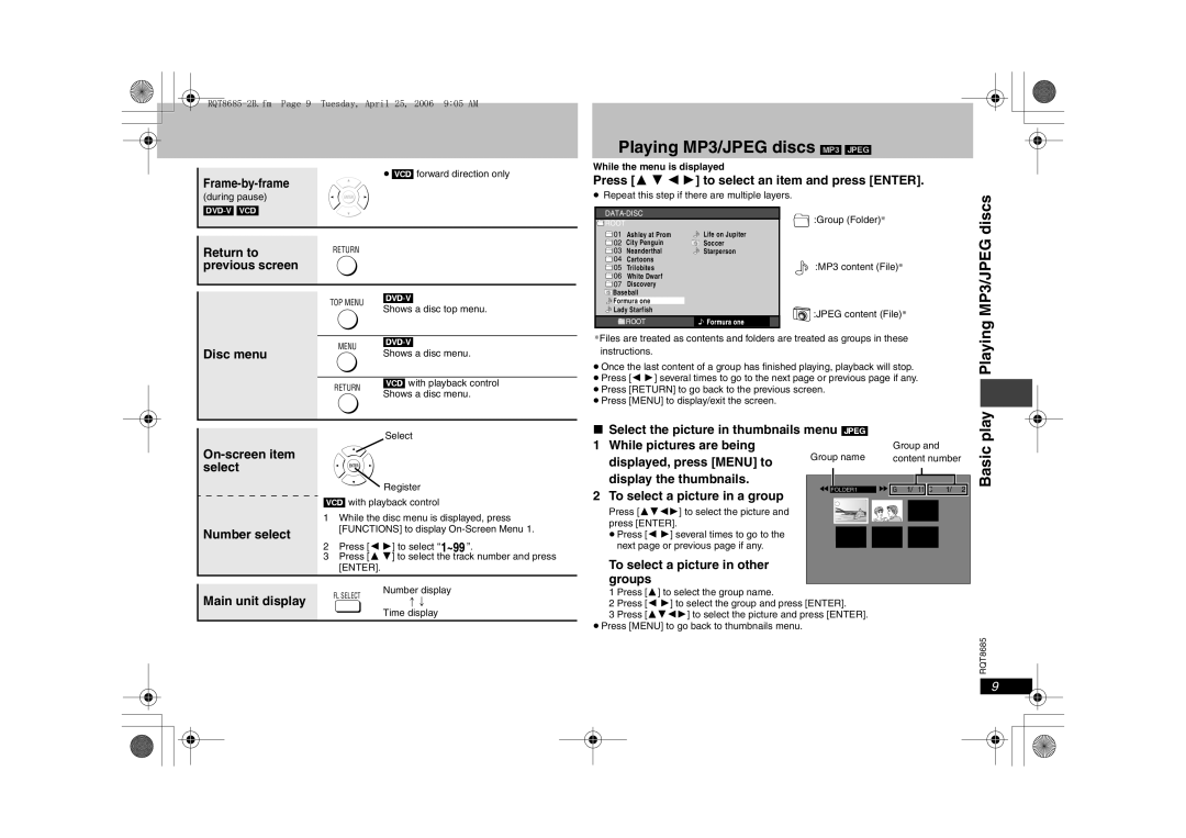 Panasonic DVD-K32, DVD-S32 specifications Playing MP3/JPEG discs MP3 Jpeg, Discs 