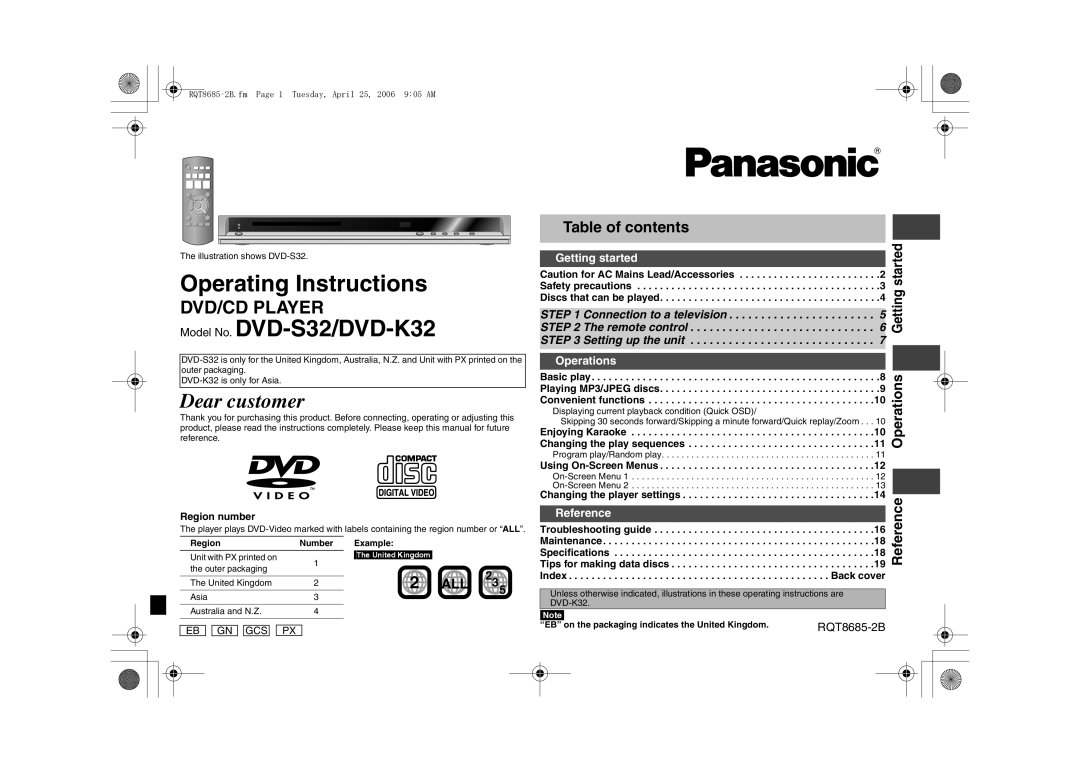 Panasonic DVD-K32 specifications Table of contents, Reference Operations Getting started, 2 ALL, Operating Instructions 