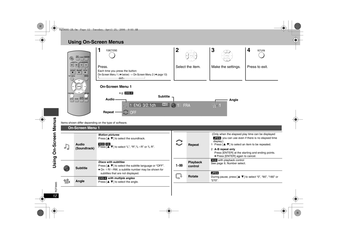 Panasonic DVD-S32 Using On-Screen Menus, Select the item, Make the settings, Press to exit, Subtitle Audio, Repeat OFF 