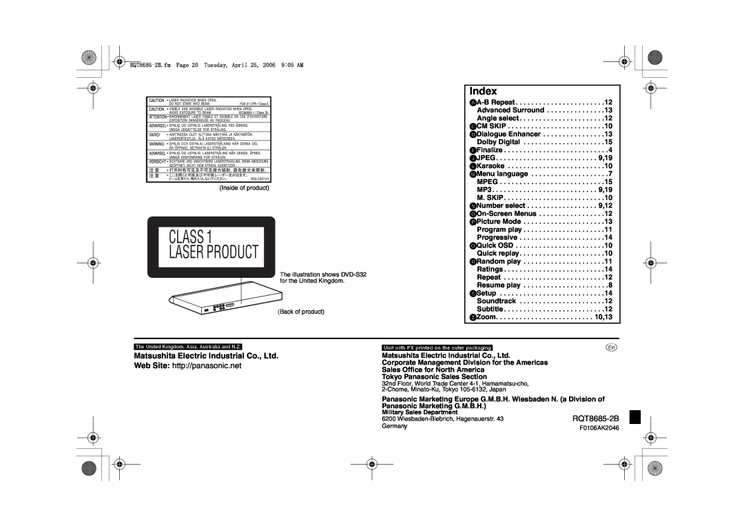Panasonic DVD-S32 Index, Web Site http//panasonic.net, RQT8685-2B, Class Laser Product, Panasonic Marketing G.M.B.H 