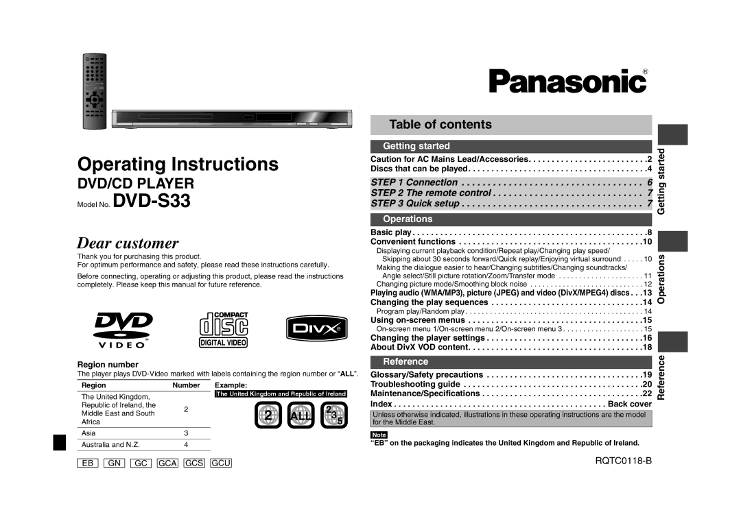 Panasonic DVD-S33 specifications Operating Instructions, Table of contents 