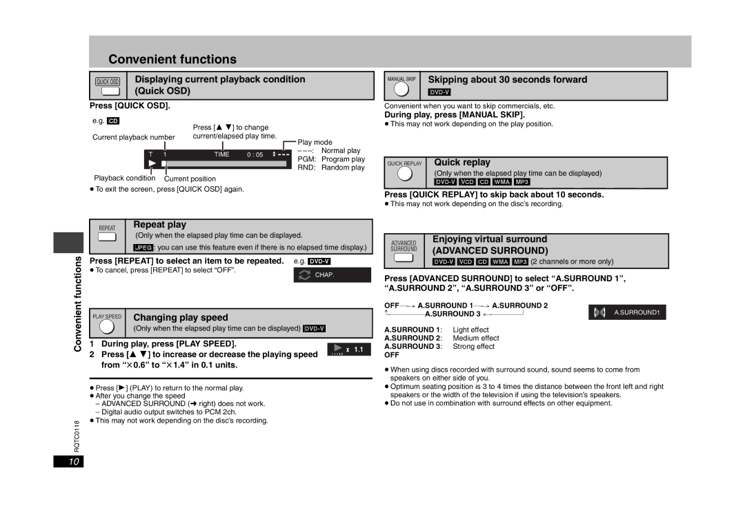 Panasonic DVD-S33 specifications Convenient functions, Repeat play, Changing play speed, Enjoying virtual surround 