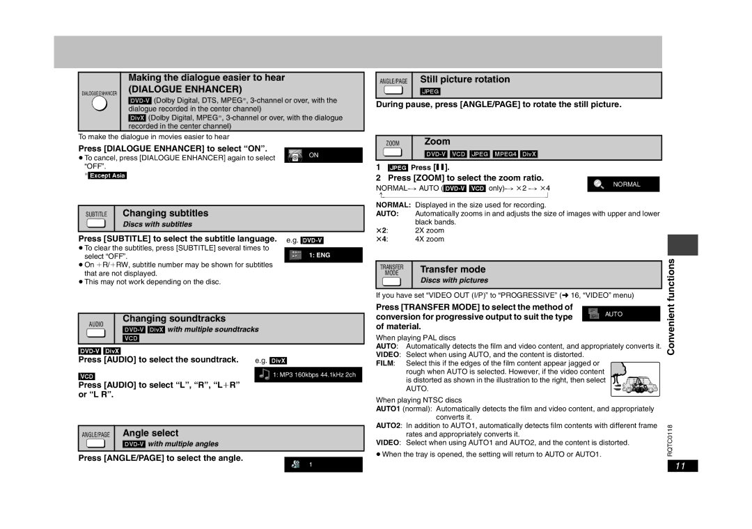 Panasonic DVD-S33 Making the dialogue easier to hear, Subtitle Changing subtitles, Zoom, Transfer mode Functions 