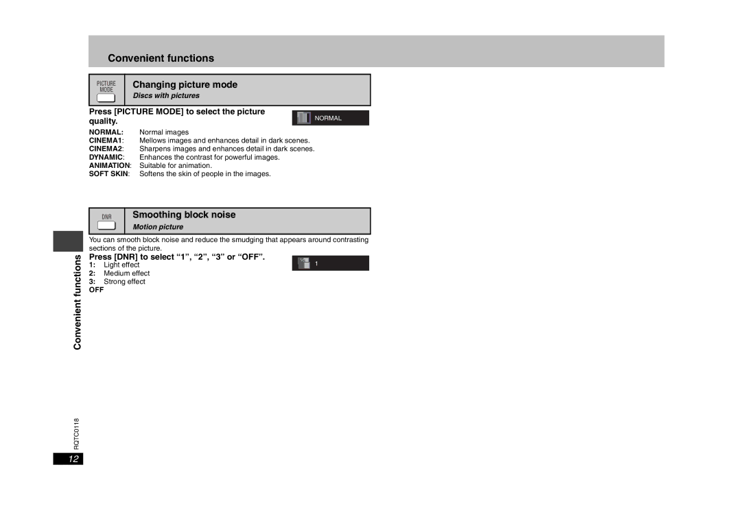 Panasonic DVD-S33 Changing picture mode, Convenient functions, Smoothing block noise, Press DNR to select 1, 2, 3 or OFF 