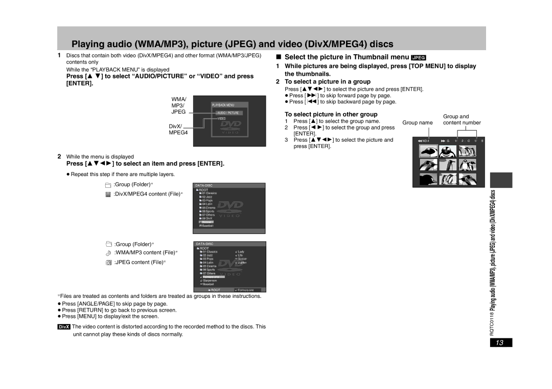 Panasonic DVD-S33 specifications Select the picture in Thumbnail menu Jpeg 