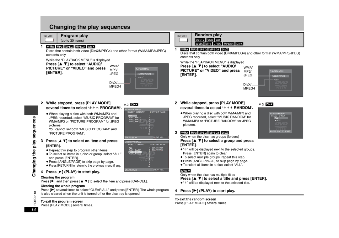 Panasonic DVD-S33 specifications Changing the play sequences, Program play, Random play 