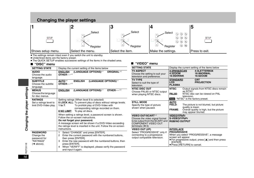 Panasonic DVD-S33 specifications RQTC0118Changing the player settings, Disc menu, Video menu 