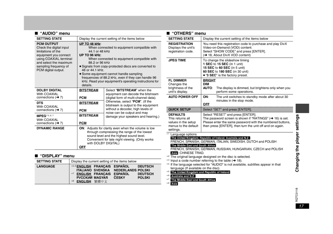 Panasonic DVD-S33 specifications Audio menu, Display menu, Others menu 