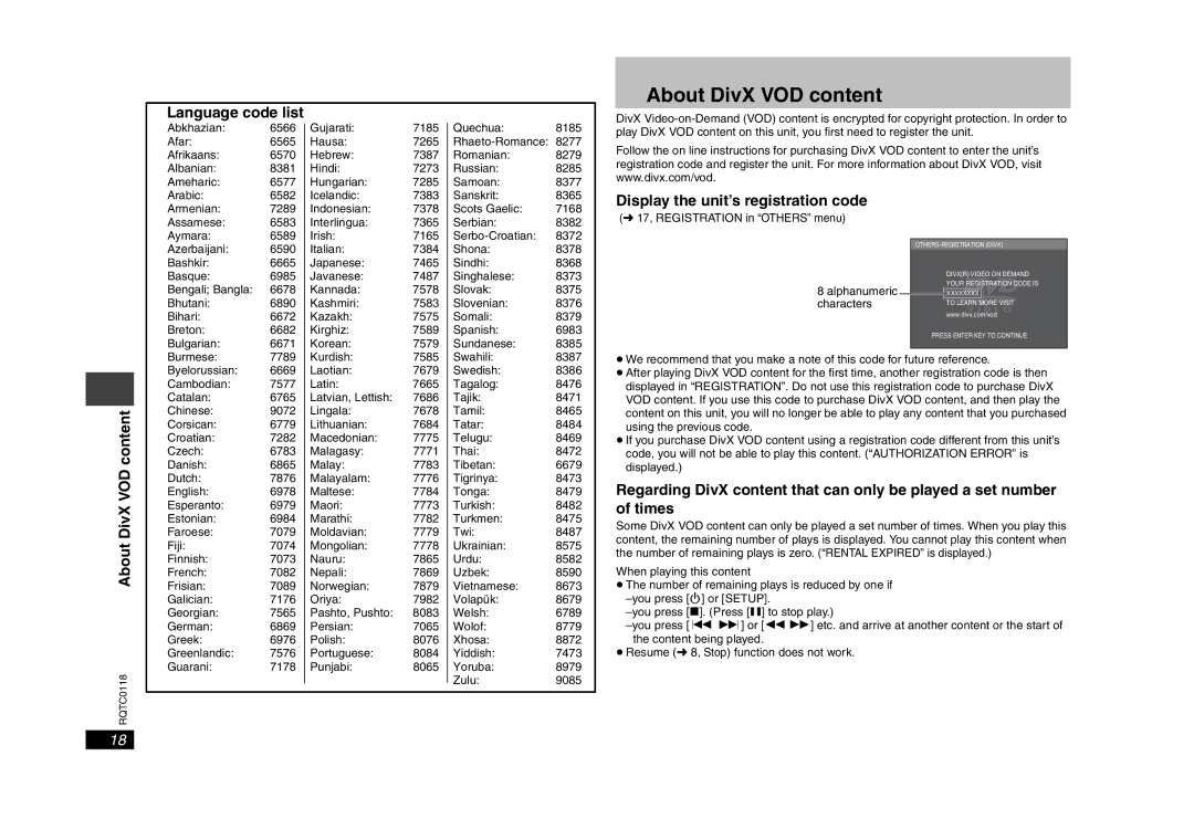 Panasonic DVD-S33 specifications About DivX VOD content, Language code list, Display the unit’s registration code 