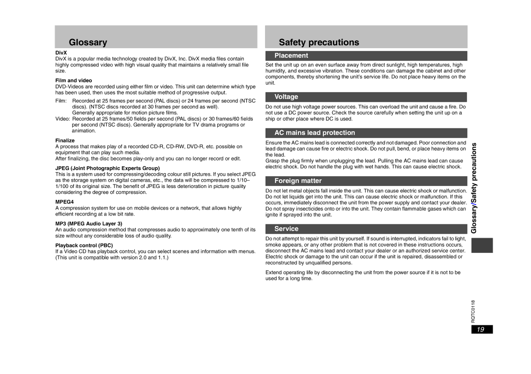 Panasonic DVD-S33 specifications Glossary, Safety precautions, MPEG4 