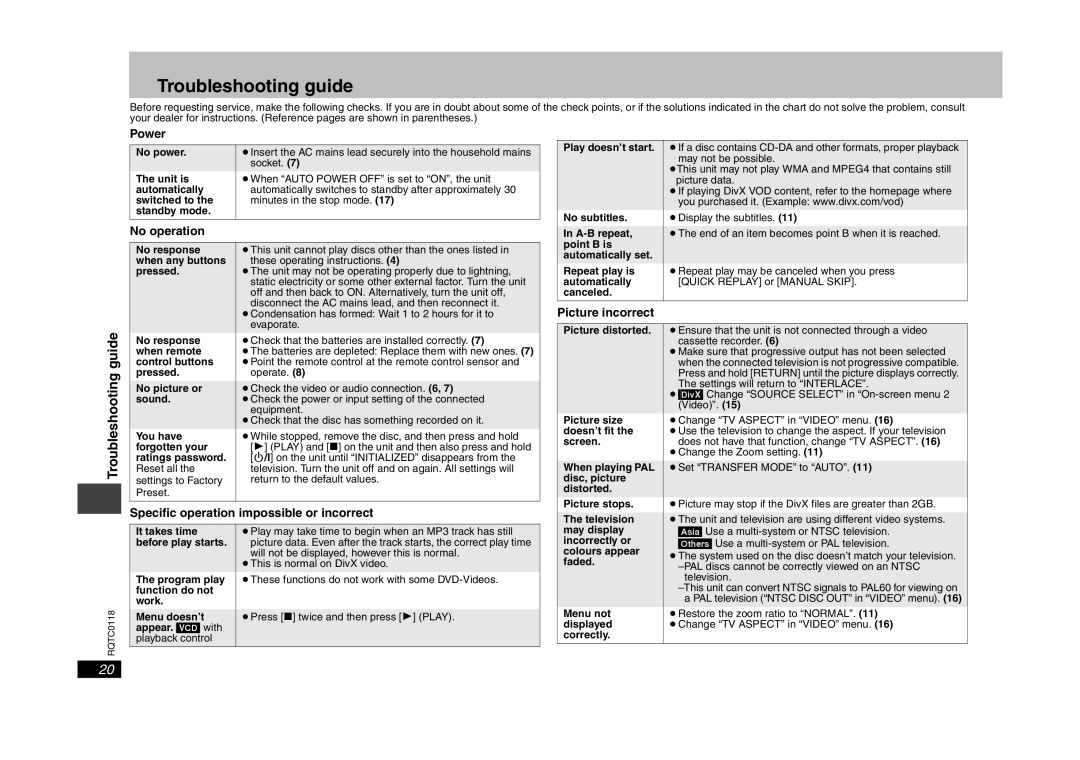 Panasonic DVD-S33 specifications Troubleshooting guide 