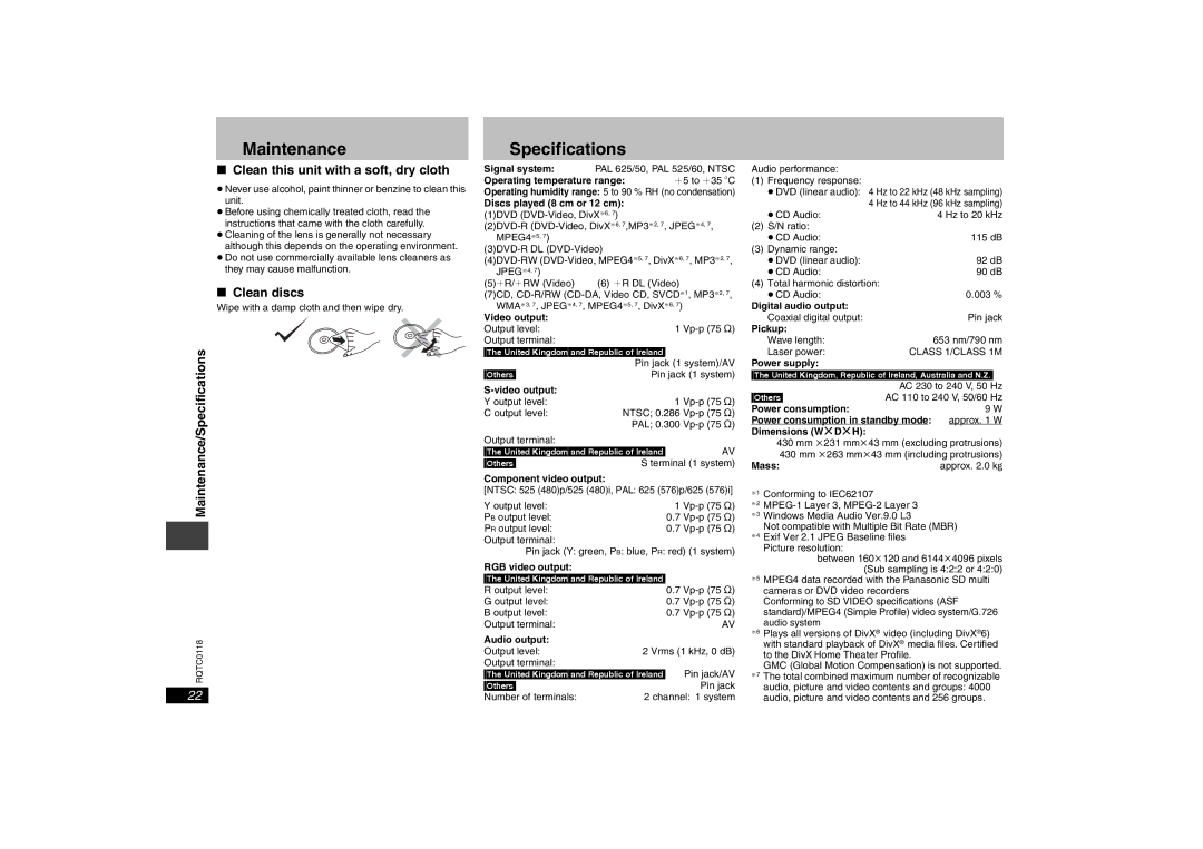 Panasonic DVD-S33 specifications Maintenance Specifications, Clean this unit with a soft, dry cloth, Clean discs 