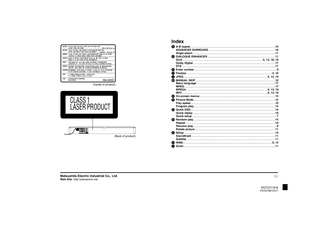 Panasonic DVD-S33 Index, Inside of product, Back of product, Web Site http//panasonic.net RQTC0118-B F0107AK1017 