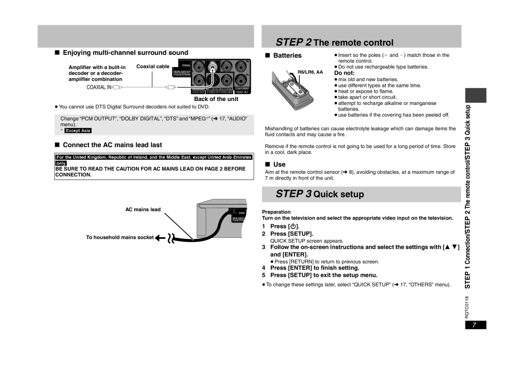 Panasonic DVD-S33 specifications Remote control, Quick setup 