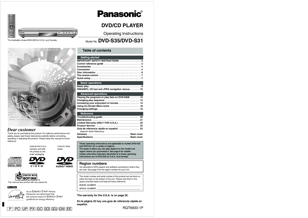 Panasonic DVD-S35 important safety instructions Table of contents, Region numbers 