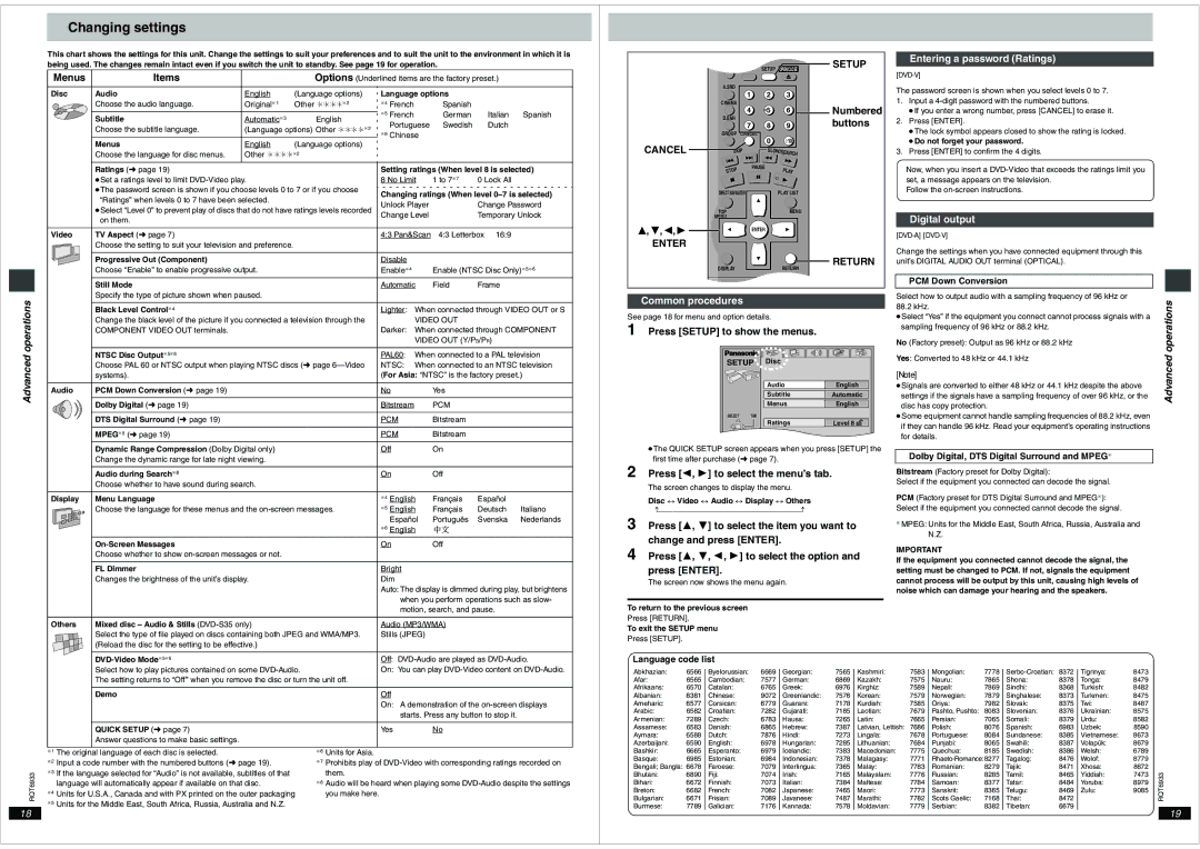 Panasonic DVD-S35 important safety instructions Changing settings, Setup, Entering a password Ratings, Digital output 