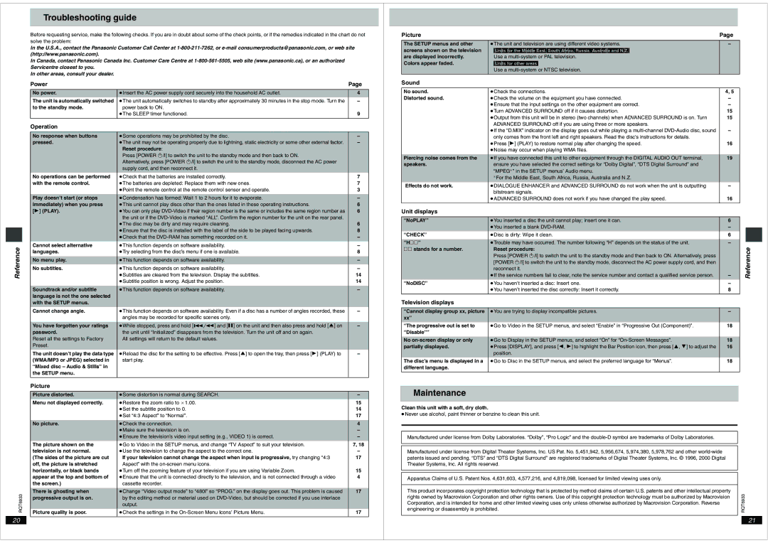 Panasonic DVD-S35 important safety instructions Troubleshooting guide, Maintenance, Reference 