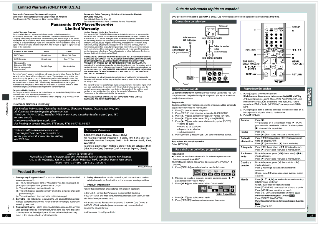 Panasonic DVD-S35 Limited Warranty only for U.S.A, Panasonic DVD Player/Recorder Limited Warranty, Product Service 