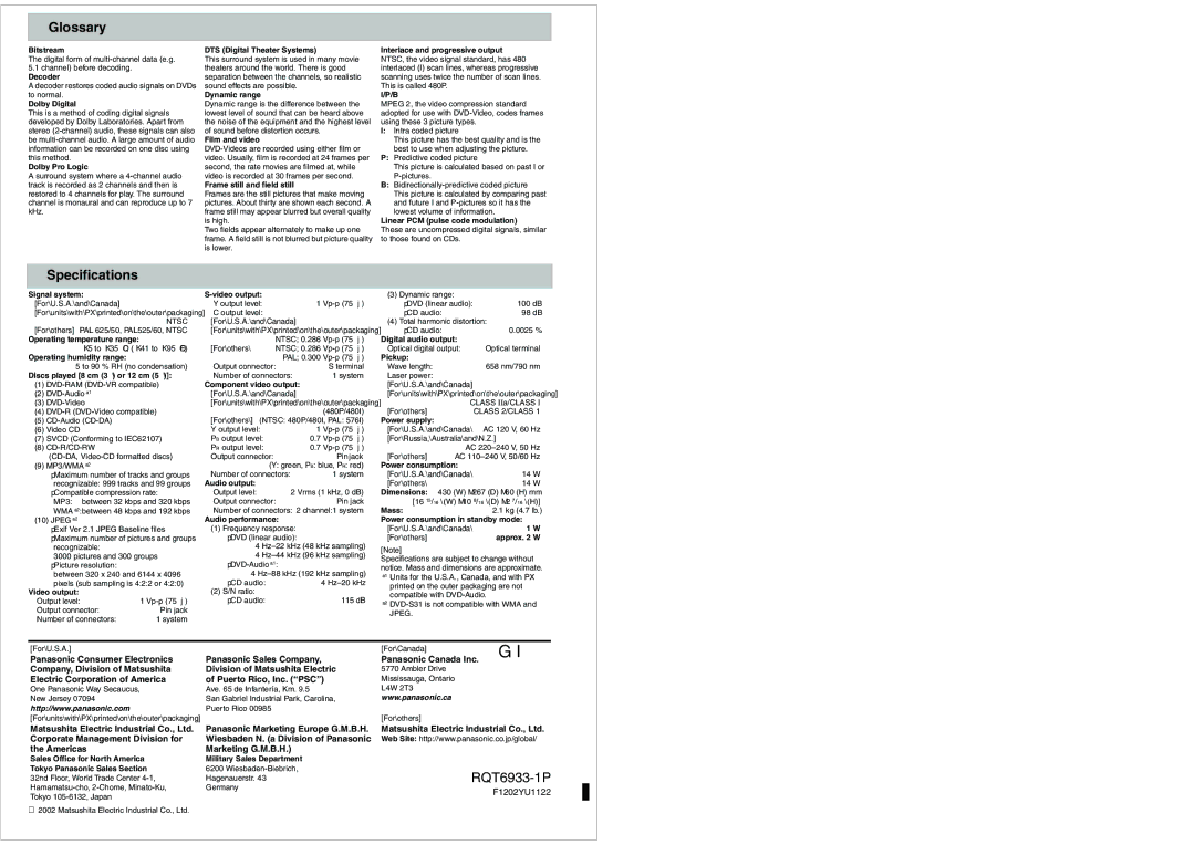 Panasonic DVD-S35 Glossary, Specifications, Electric Corporation of America Puerto Rico, Inc. PSC 