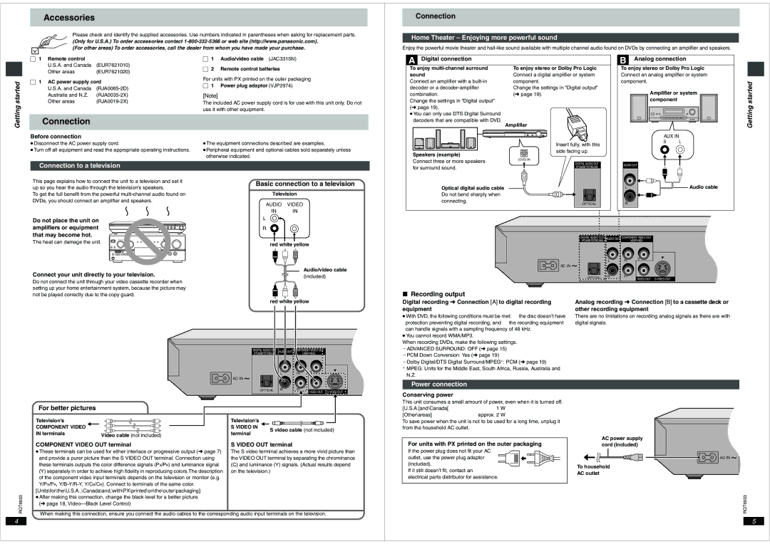 Panasonic DVD-S35 important safety instructions Accessories, Connection, Getting started 