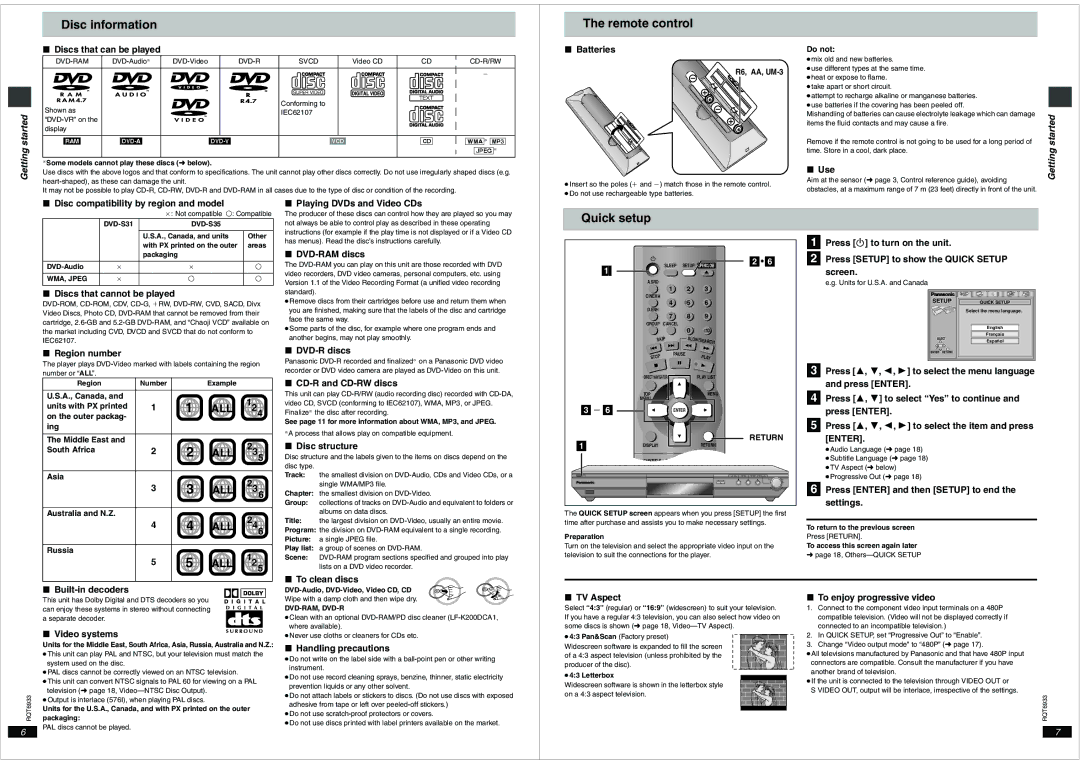 Panasonic DVD-S35 important safety instructions Disc information Remote control, Quick setup 