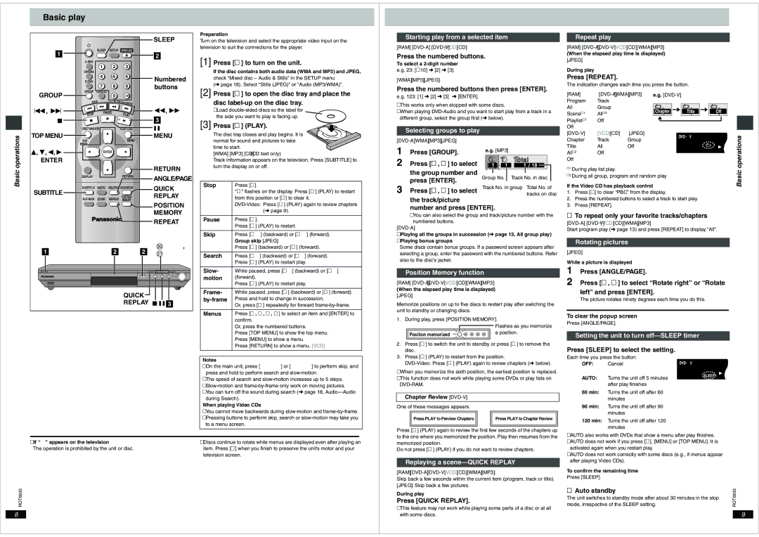 Panasonic DVD-S35 important safety instructions Basic play, Operations 