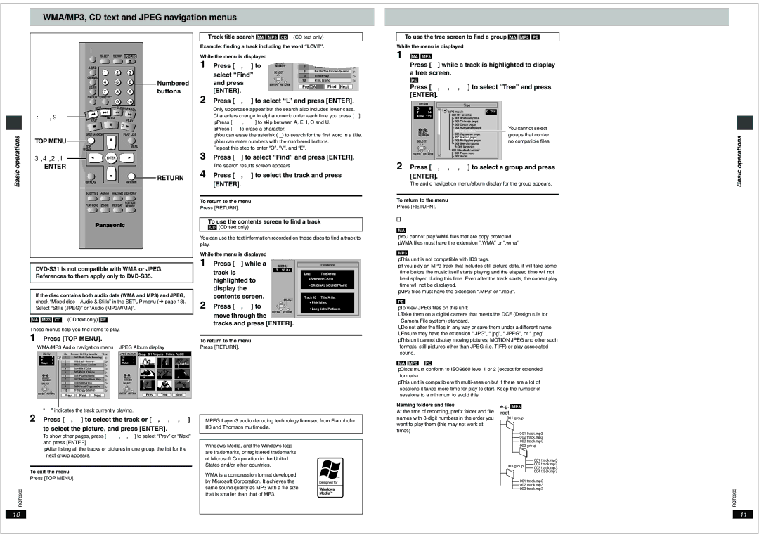 Panasonic DVD-S35 important safety instructions WMA/MP3, CD text and Jpeg navigation menus, Enter, Operations Basic 