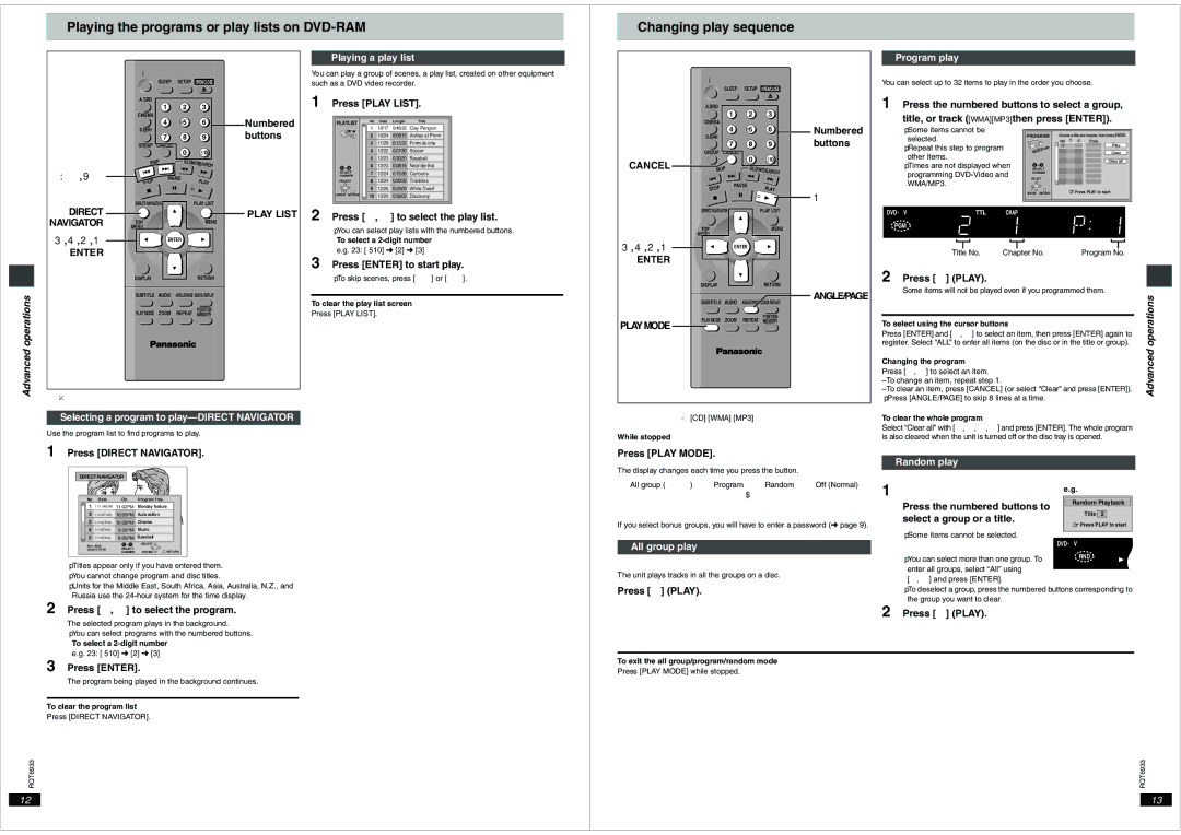 Panasonic DVD-S35 important safety instructions Cancel, Play List, Advanced operations, Playmode 