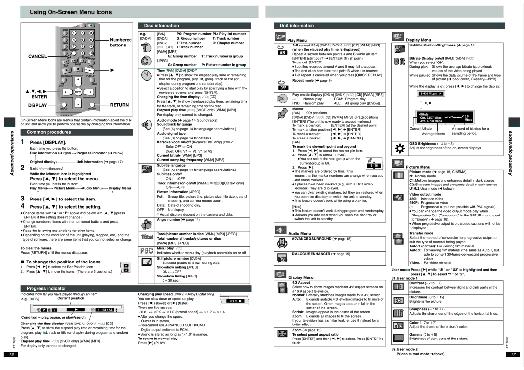 Panasonic DVD-S35 important safety instructions Using On-Screen Menu Icons, Enter Display 