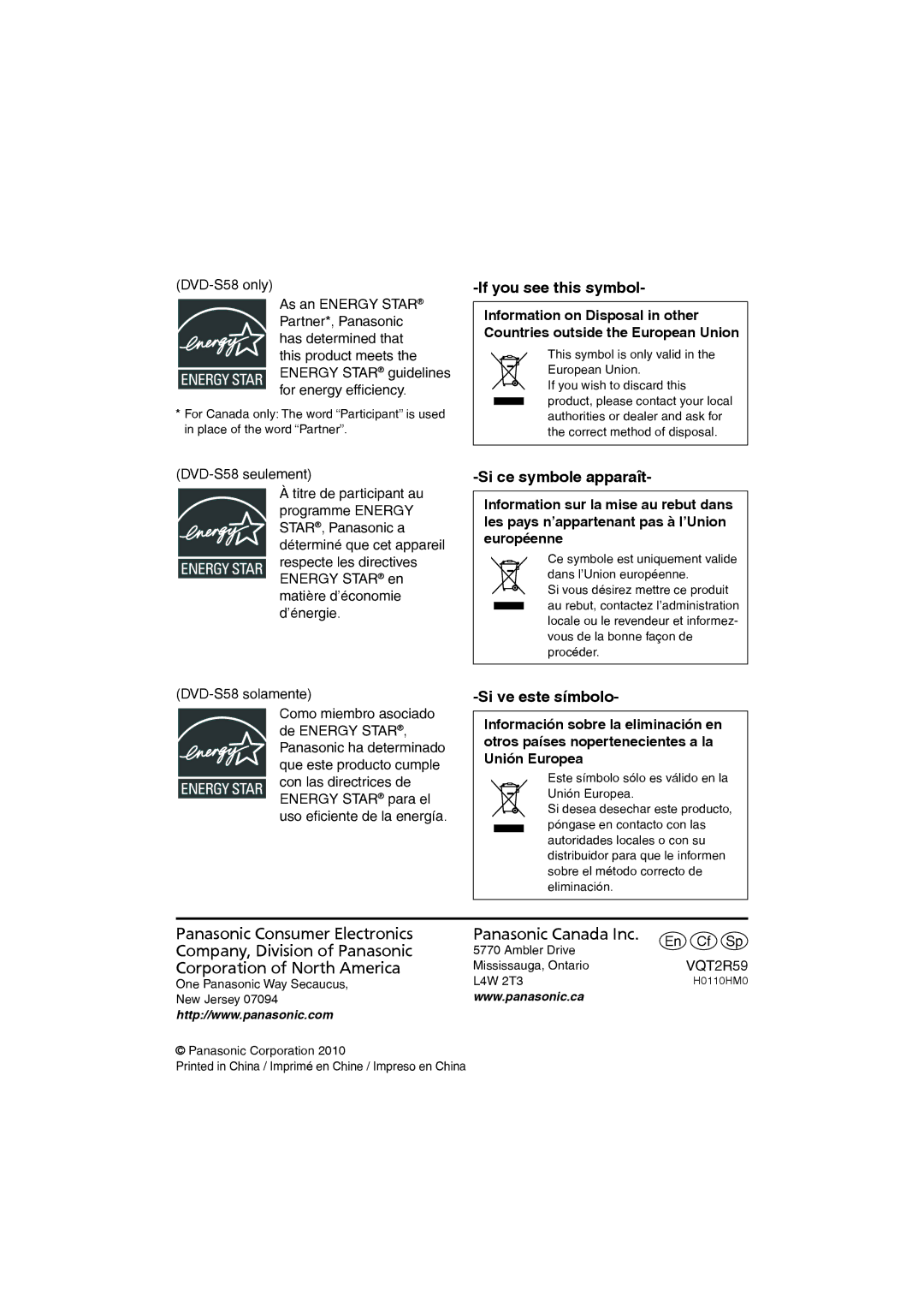 Panasonic DVD-S38, DVD-S58 manuel dutilisation If you see this symbol, Corporation of North America 