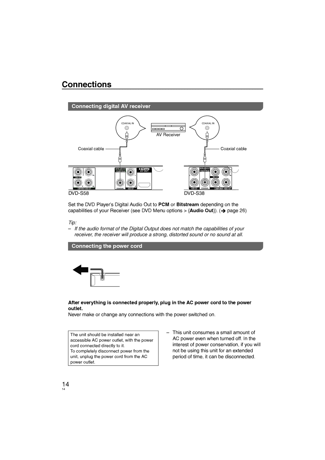 Panasonic DVD-S38, DVD-S58 manuel dutilisation Connecting digital AV receiver, Connecting the power cord 