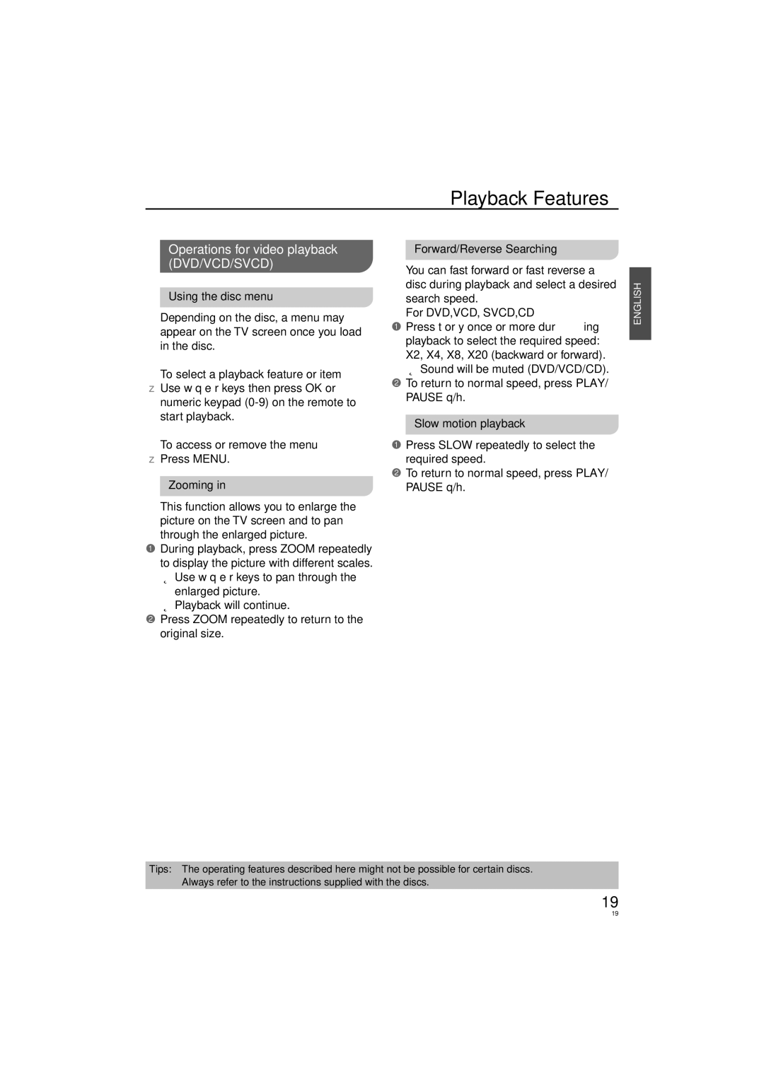 Panasonic DVD-S58, DVD-S38 manuel dutilisation Operations for video playback DVD/VCD/SVCD 