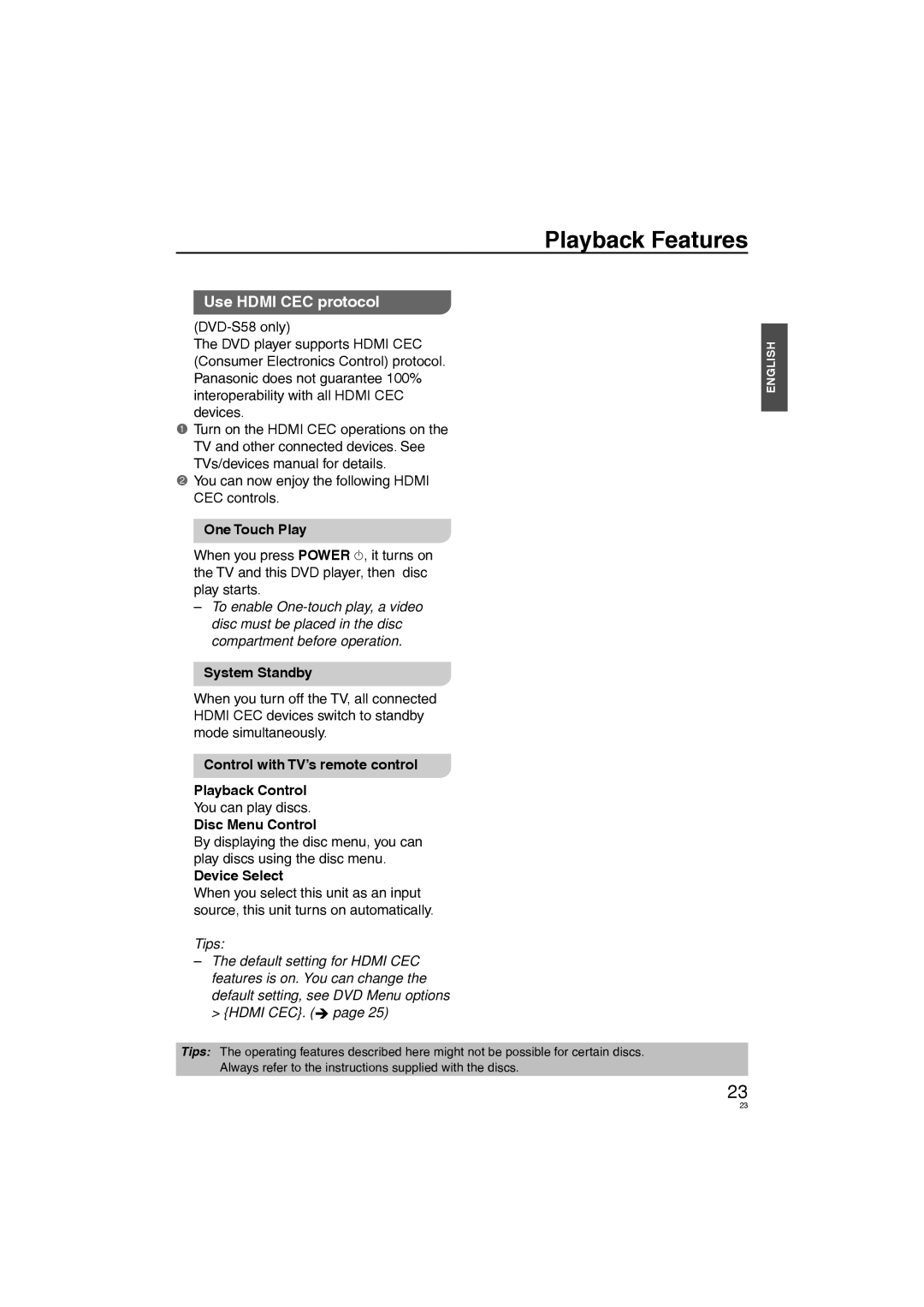 Panasonic DVD-S58, DVD-S38 manuel dutilisation Use Hdmi CEC protocol 