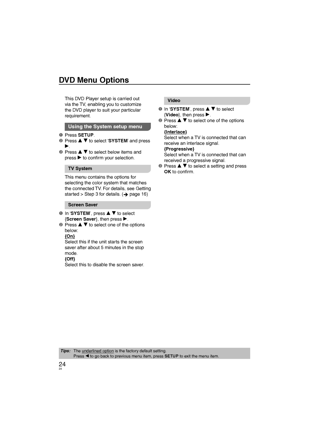 Panasonic DVD-S38, DVD-S58 manuel dutilisation DVD Menu Options, Using the System setup menu 