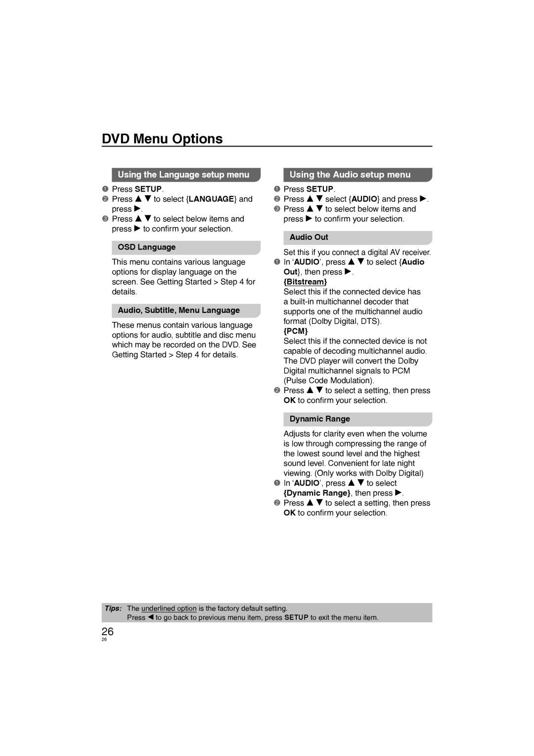 Panasonic DVD-S38, DVD-S58 manuel dutilisation Using the Language setup menu, Using the Audio setup menu, Pcm 