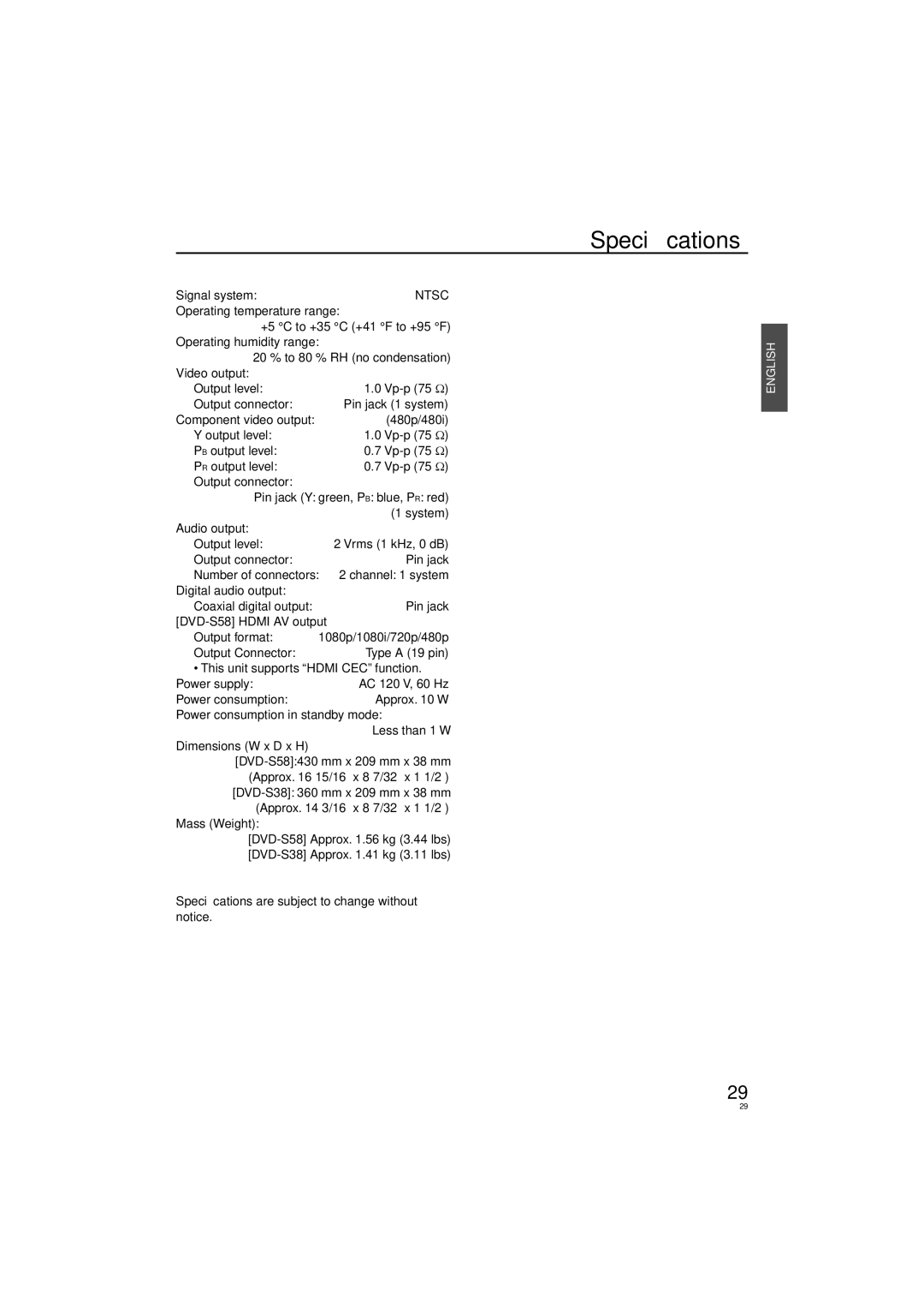 Panasonic DVD-S58, DVD-S38 manuel dutilisation Speciﬁcations, Ntsc 