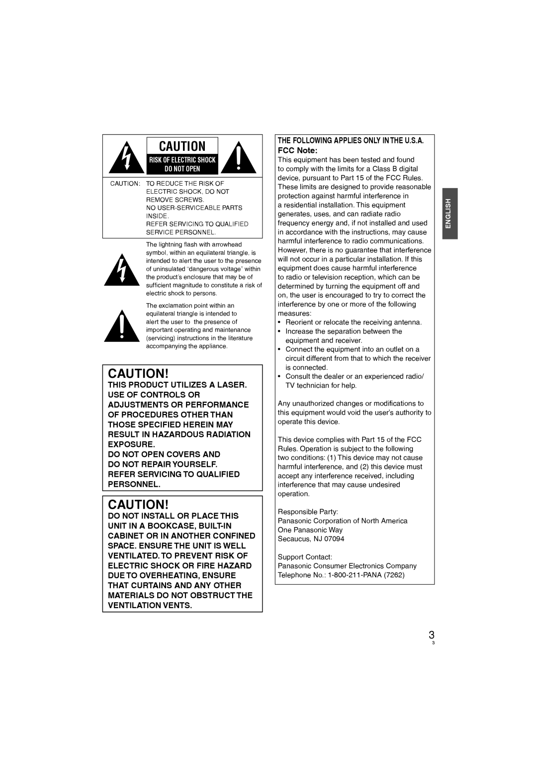 Panasonic DVD-S58, DVD-S38 manuel dutilisation FCC Note, Risk of Electric Shock Do not Open 