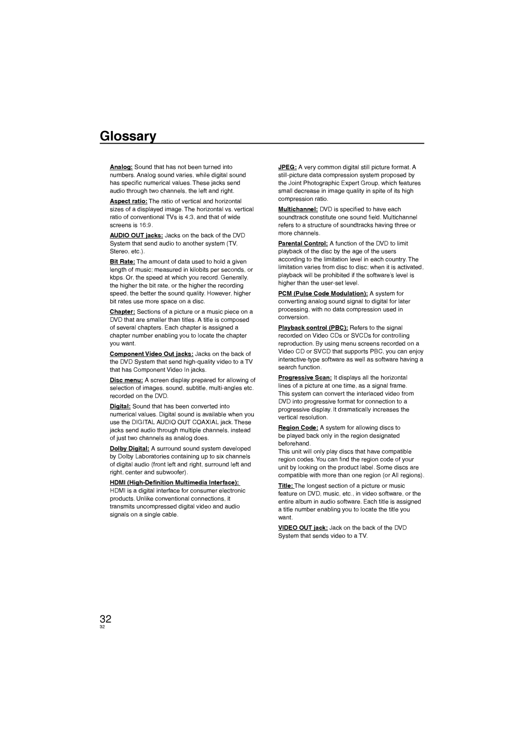 Panasonic DVD-S38, DVD-S58 manuel dutilisation Glossary 