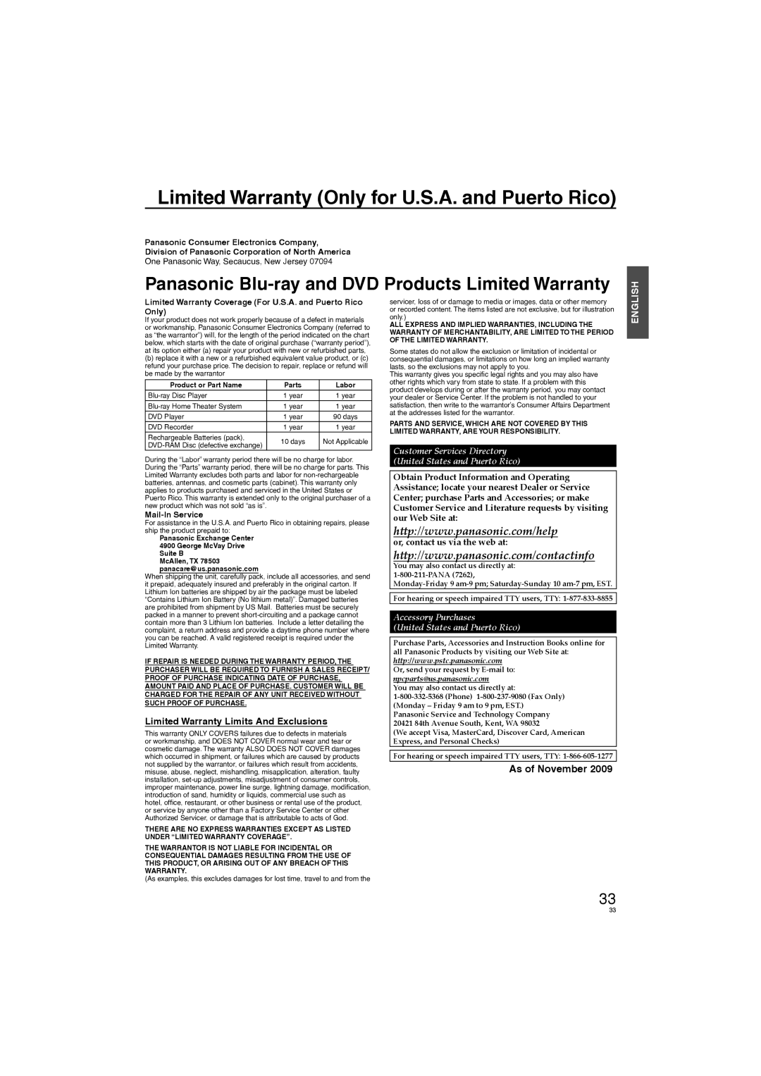 Panasonic DVD-S58 Limited Warranty Only for U.S.A. and Puerto Rico, Panasonic Blu-ray and DVD Products Limited Warranty 