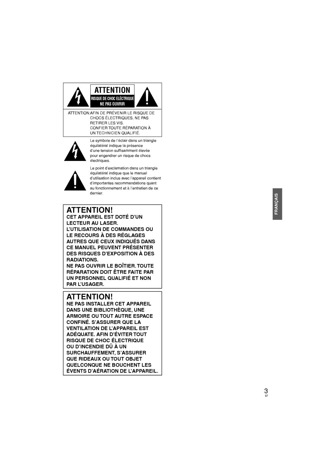 Panasonic DVD-S58, DVD-S38 manuel dutilisation Risque DE Choc Eléctrique NE PAS Ouvrir 