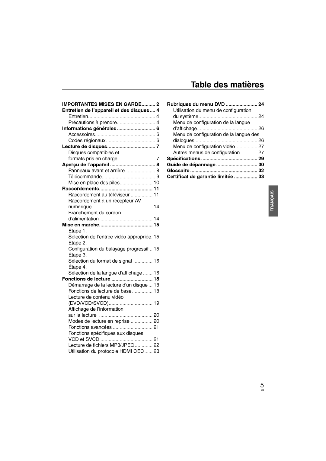 Panasonic DVD-S58, DVD-S38 manuel dutilisation Table des matières, Importantes Mises EN Garde 